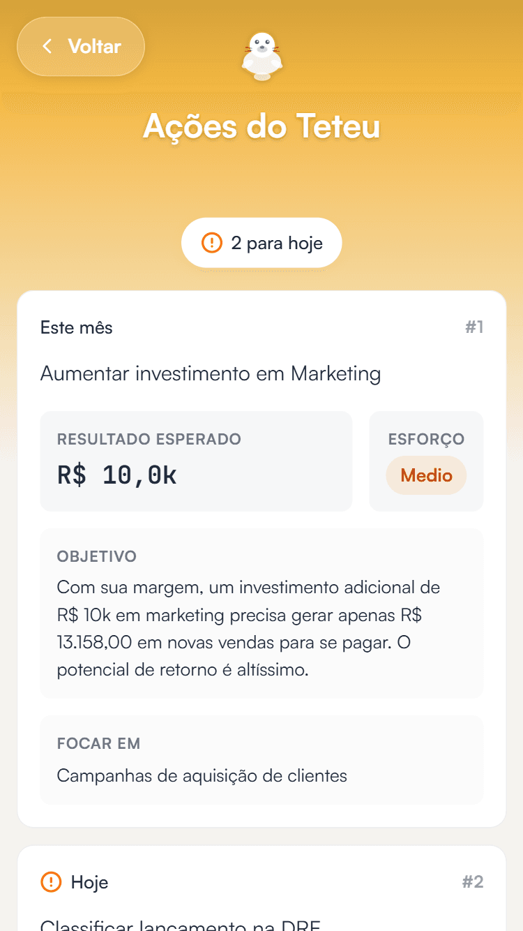 Ações sugeridas pelo Teteu com impacto em reais